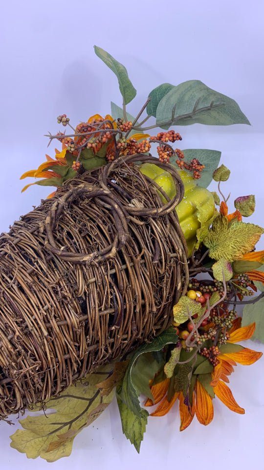 FAUX ORANGE CORNUCOPIA FLORAL ARRANGEMENT.