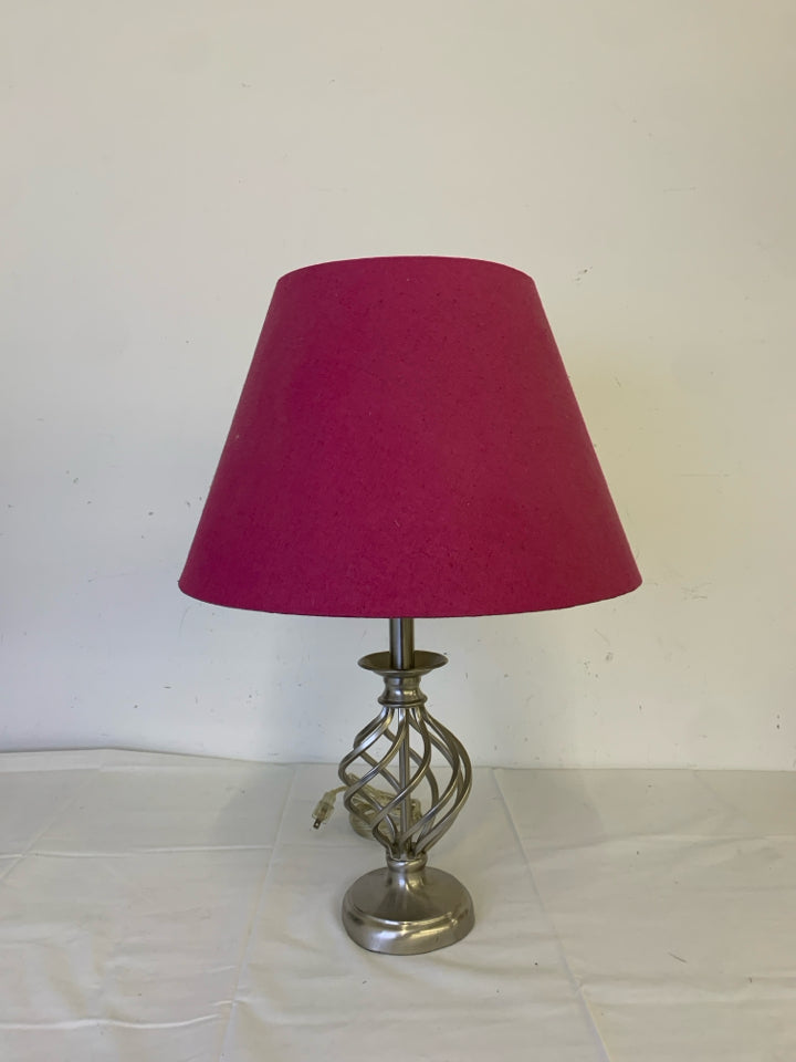 SILVER BASE LAMP W PINK SHADE.