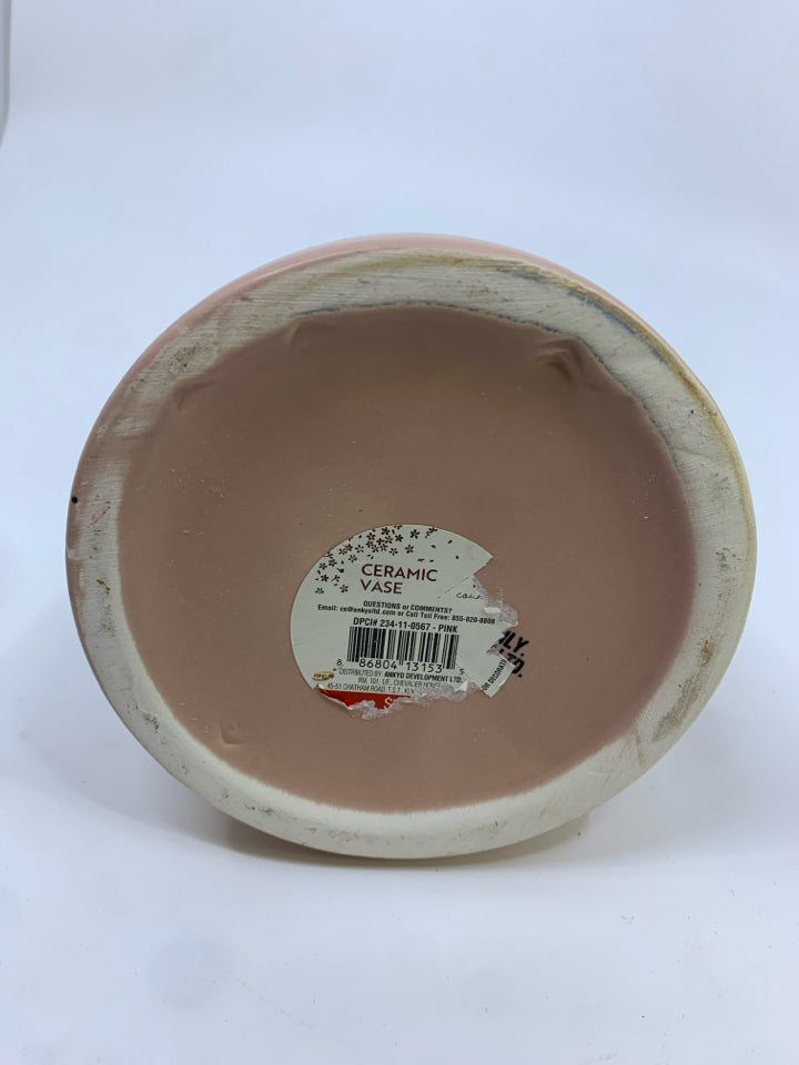 PINK CERAMIC BUD VASE W/WHITE LINES.
