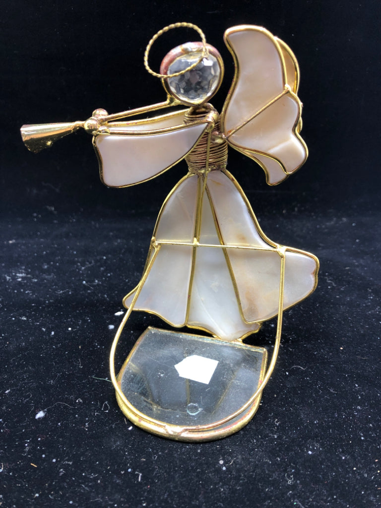 STAINED GLASS ANGEL WITH HORN TEA LIGHT HOLDER.