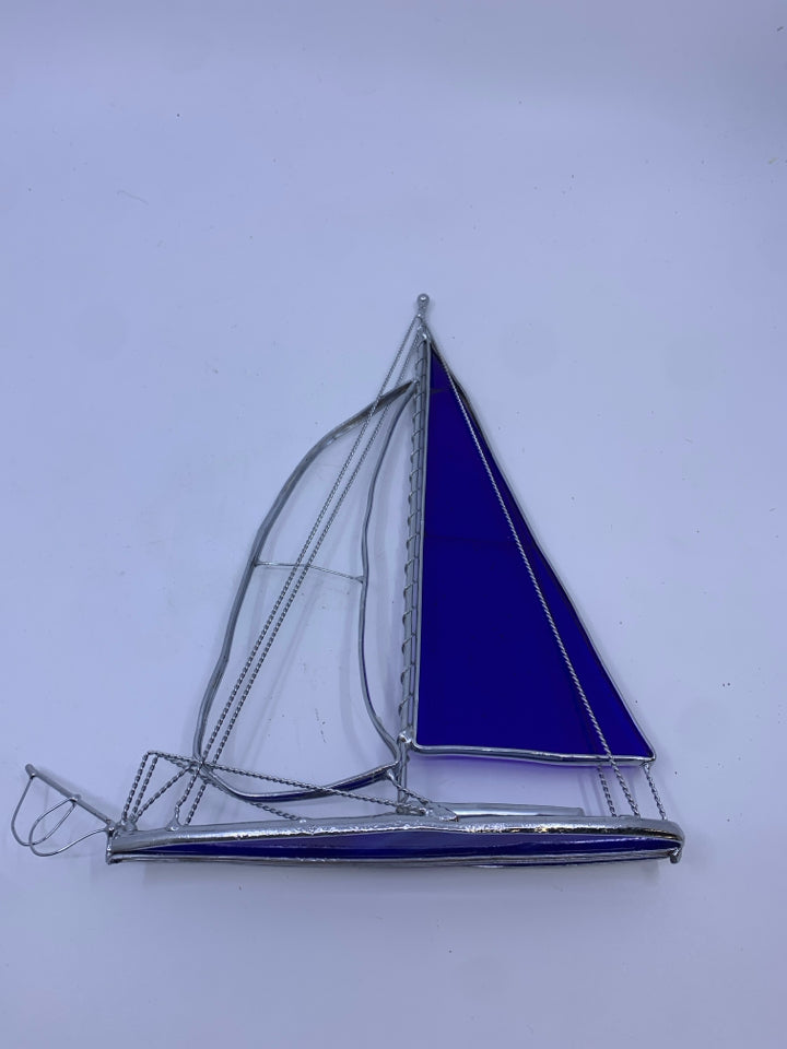STAINED GLASS BLUE SAIL BOAT.