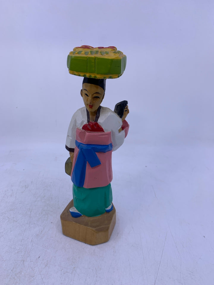 HAND CARVED PAINTED WOMAN HOLDING CHILD W/ BOX ON HEAD MADE IN KOREA.