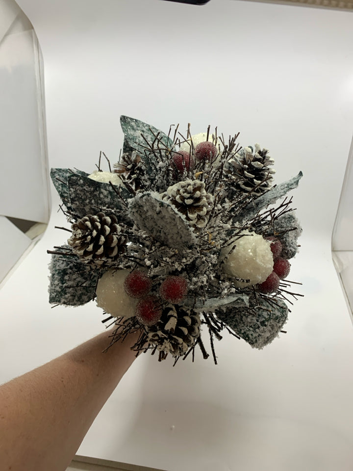 BUNDLE OF FAUX FROSTED PINECONES/BRANCHES W/RED RIBBON.