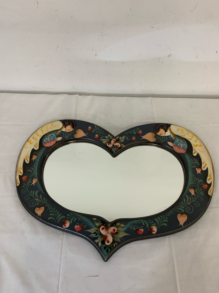 PRIMITIVE PAINTED HEART WALL HANGING MIRROR.