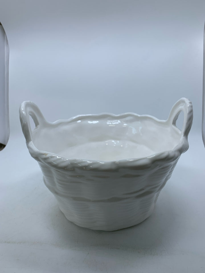 CERAMIC BASKET WEAVE PLANTER W/ HANDLES.