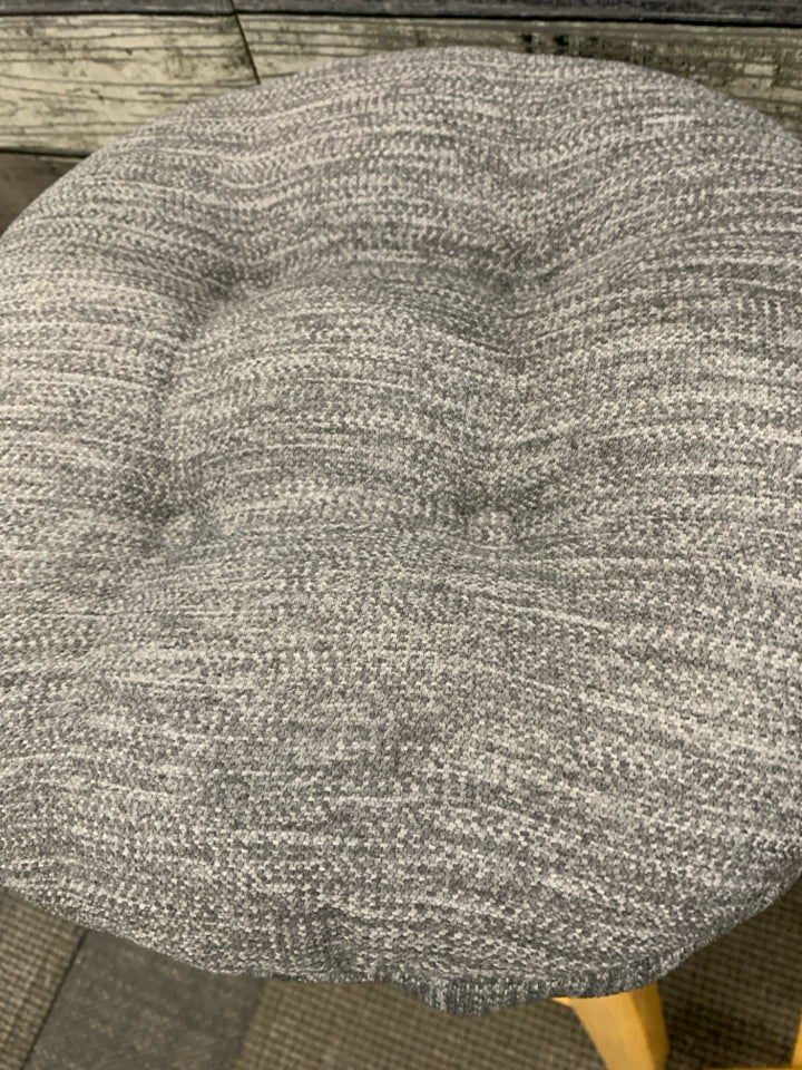 3 LT WOOD STOOLS W/GREY FABRIC SEAT COVERS.