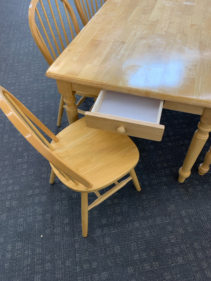 BLONDE WOOD DINING TABLE W/DRAWER, 4 CHAIRS, BENCH.