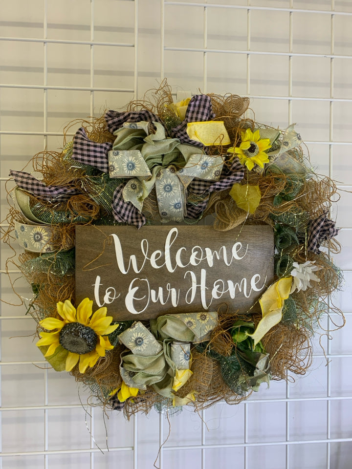 WELCOME TO OUR HOME BURLAP, SUNFLOWER WREATH.