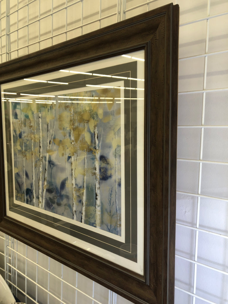 BIRCH TREE BLUE AND GOLD FRAMED PRINT.