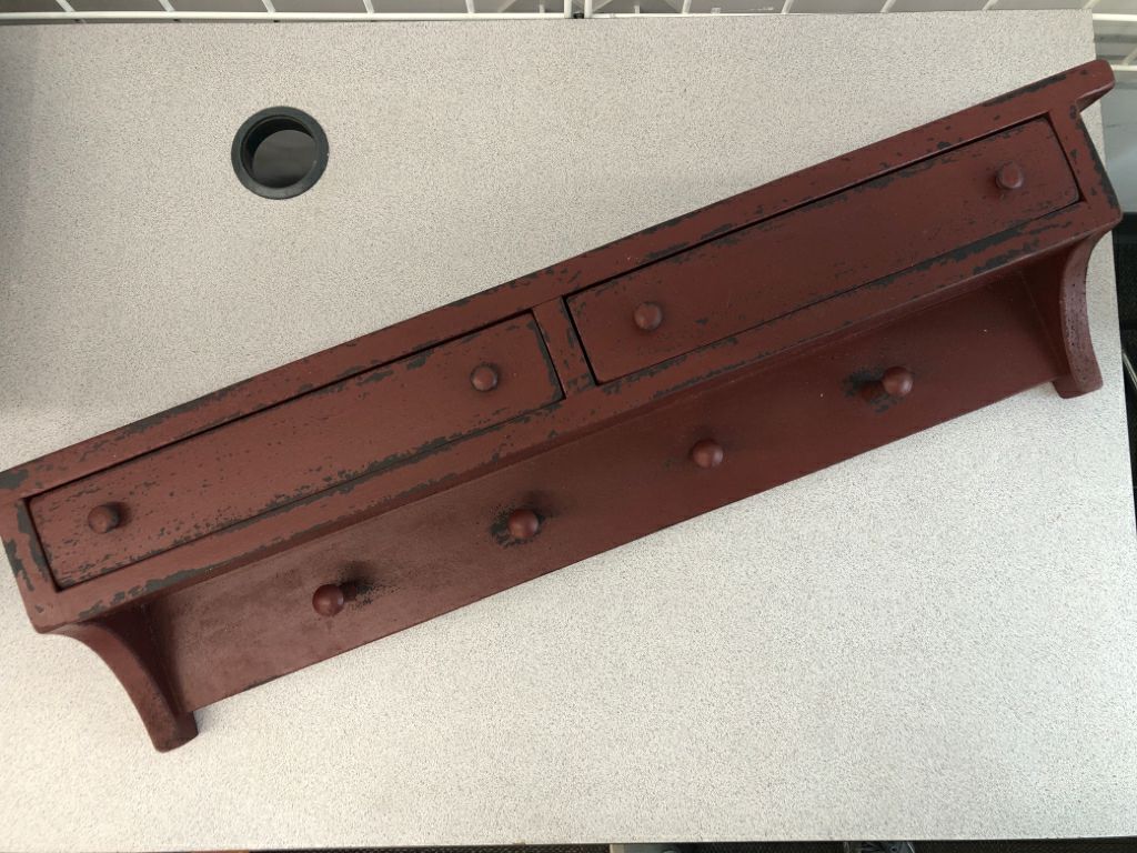 RED DISTRESSED WALL HOOKS W/STORAGE.