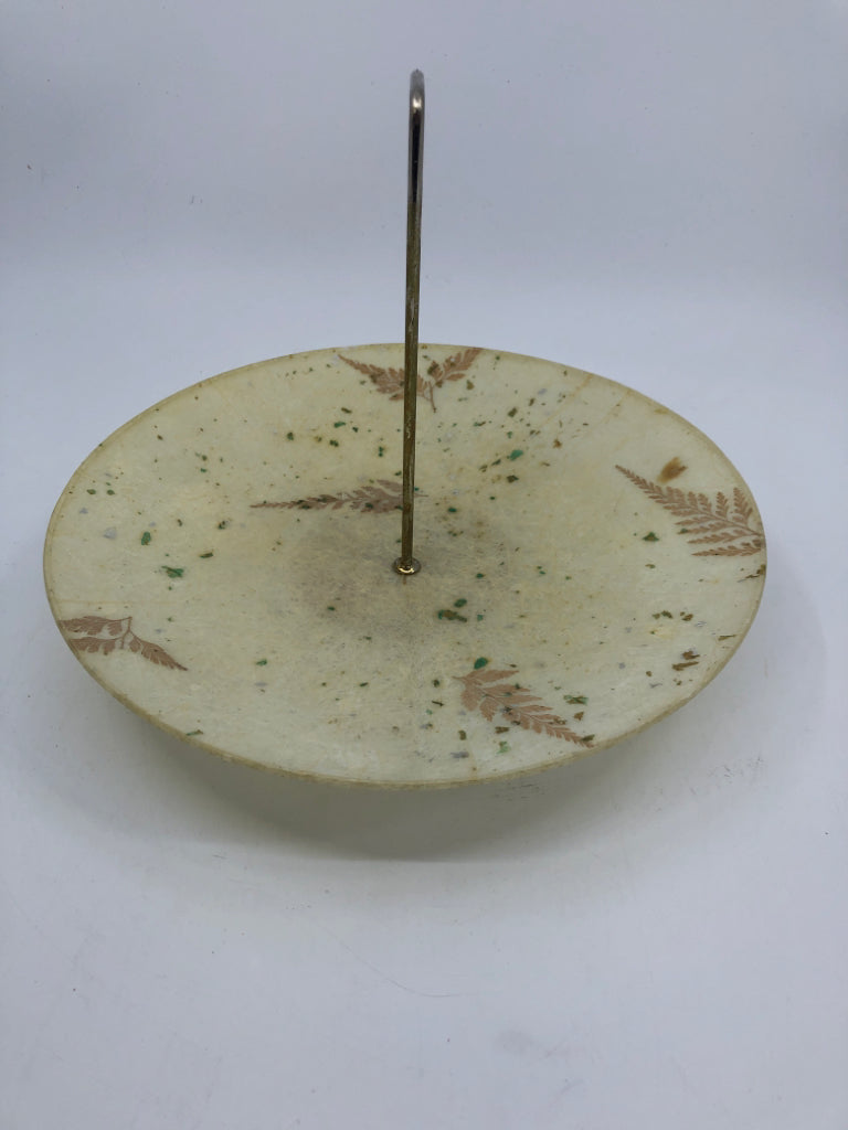 VTG LIGHT WEIGHT CATCH ALL DISH W/ METAL HANDLE IN CENTER.