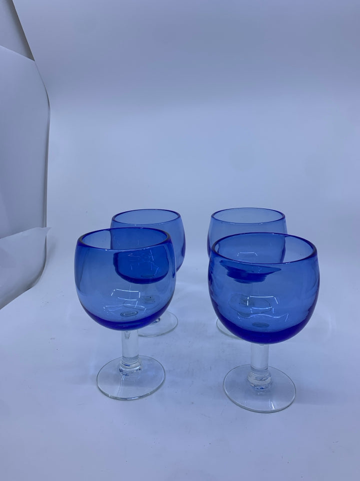 4 BLUE CLEAR STEM WINE GLASSES.