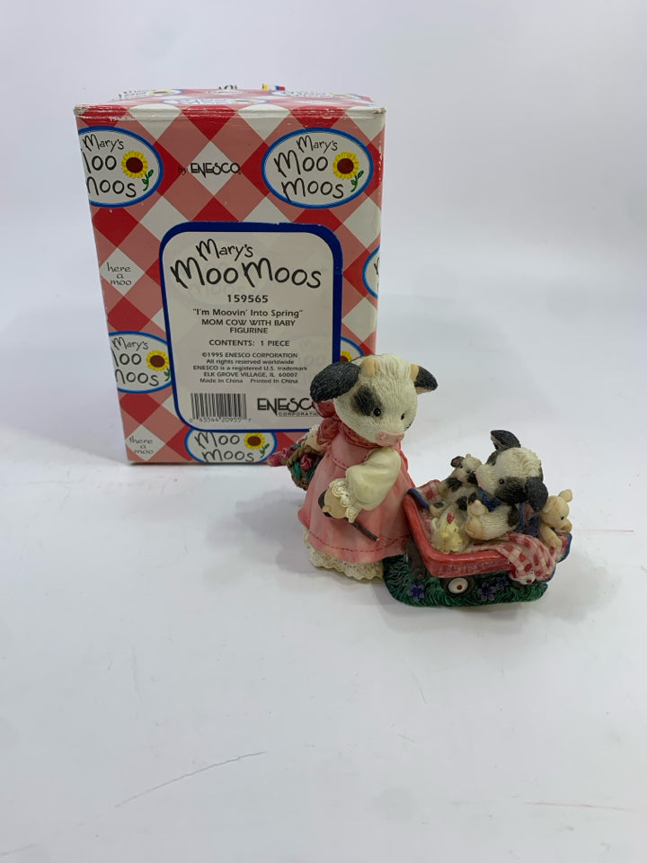 COW WITH BABY IN WAGON MOOVIN INTO SPRING-MARYS MOO MOO -IN BOX.