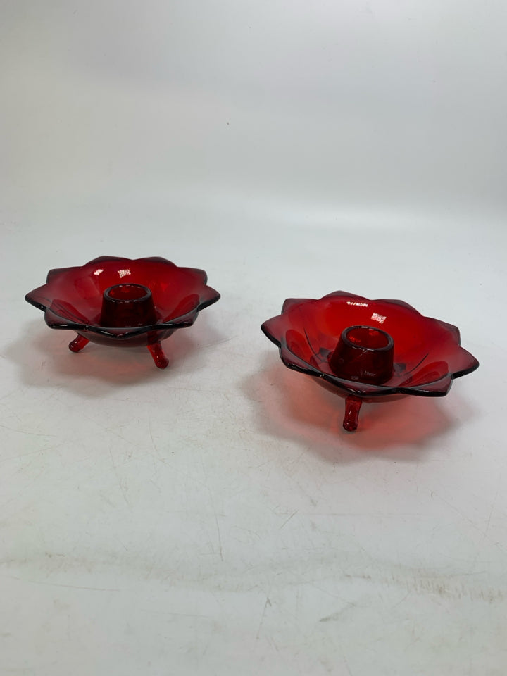 2 RUBY RED LOTUS FLOWER SHAPED FOOTED TAPERED CANDLE HOLDERS.