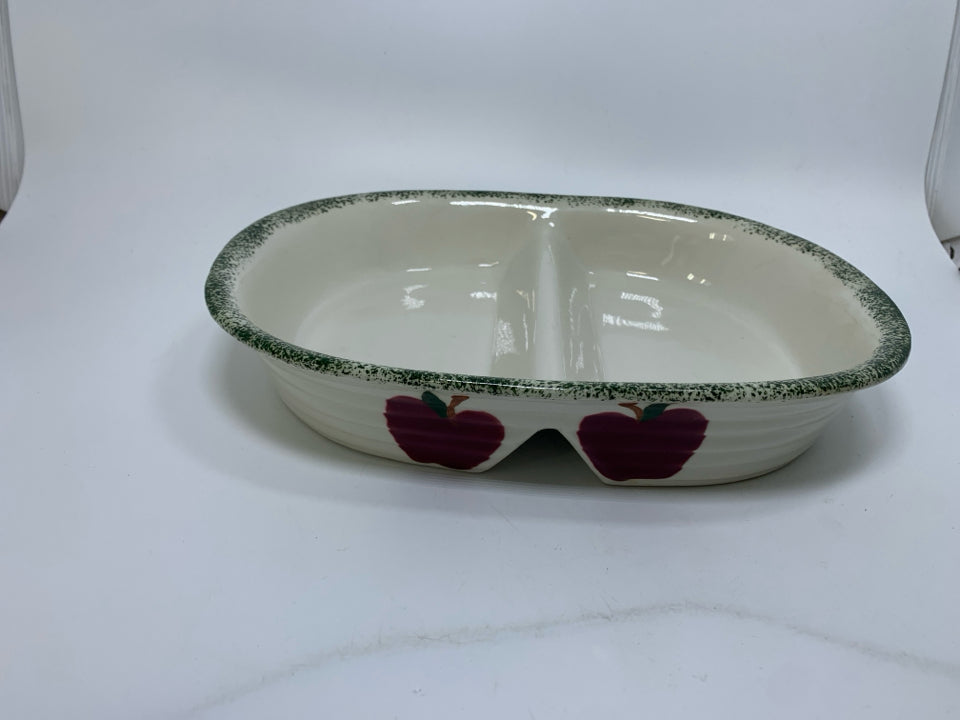 RIBBED WHITE DIVIDED DISH W/ GREEN SPONGE EDGE APPLES.
