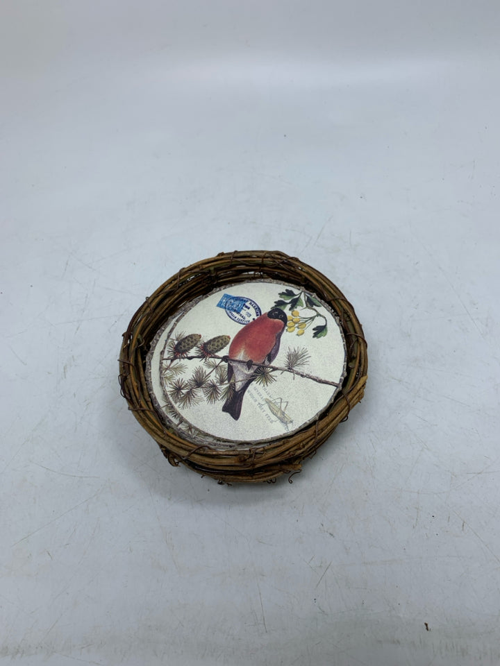 8 PAPER BIRD COASTERS IN BIRDS NEST HOLDER.