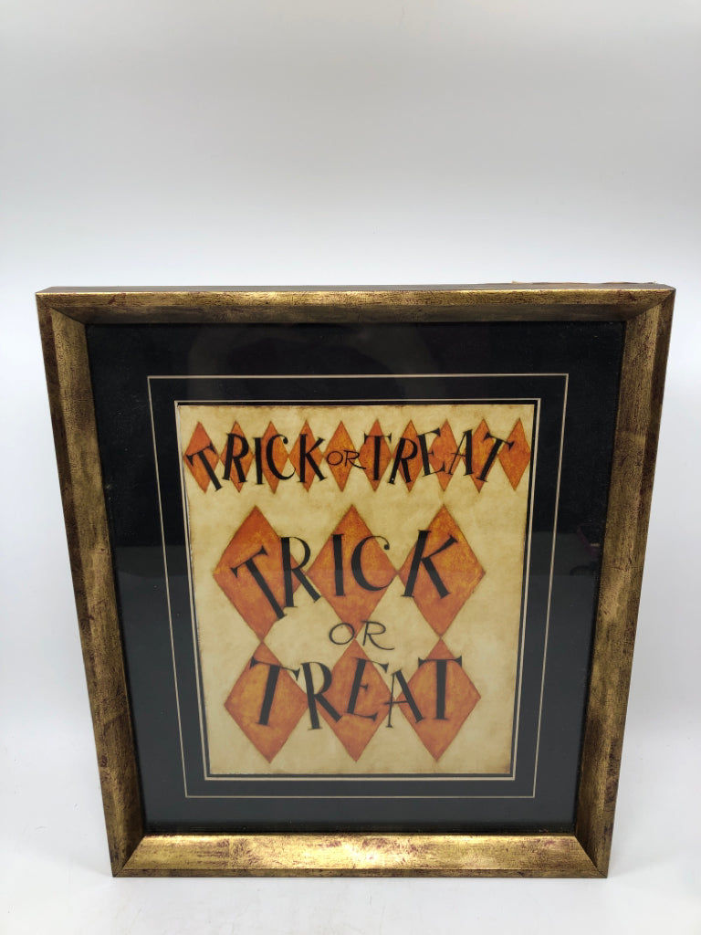 TRICK OR TREAT GOLD FRAMED WALL DECOR.