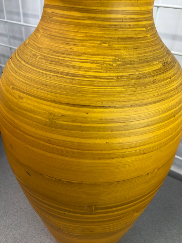 ORANGE PAINTED LIGHT WOODEN VASE.