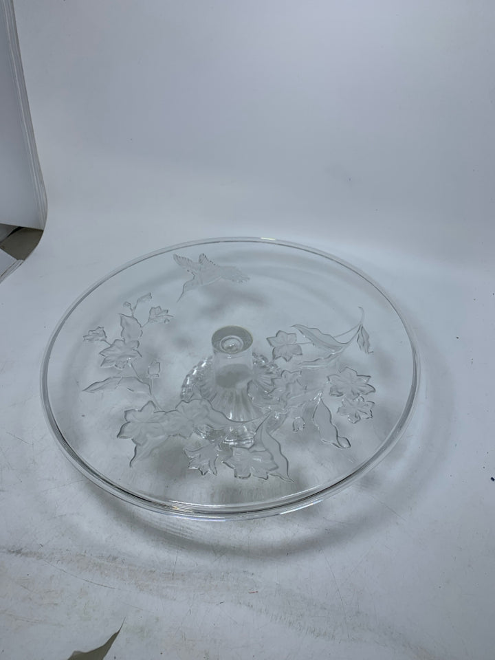 FOOTED CAKE STAND W/ FROSTED HUMMINGBIRDS.