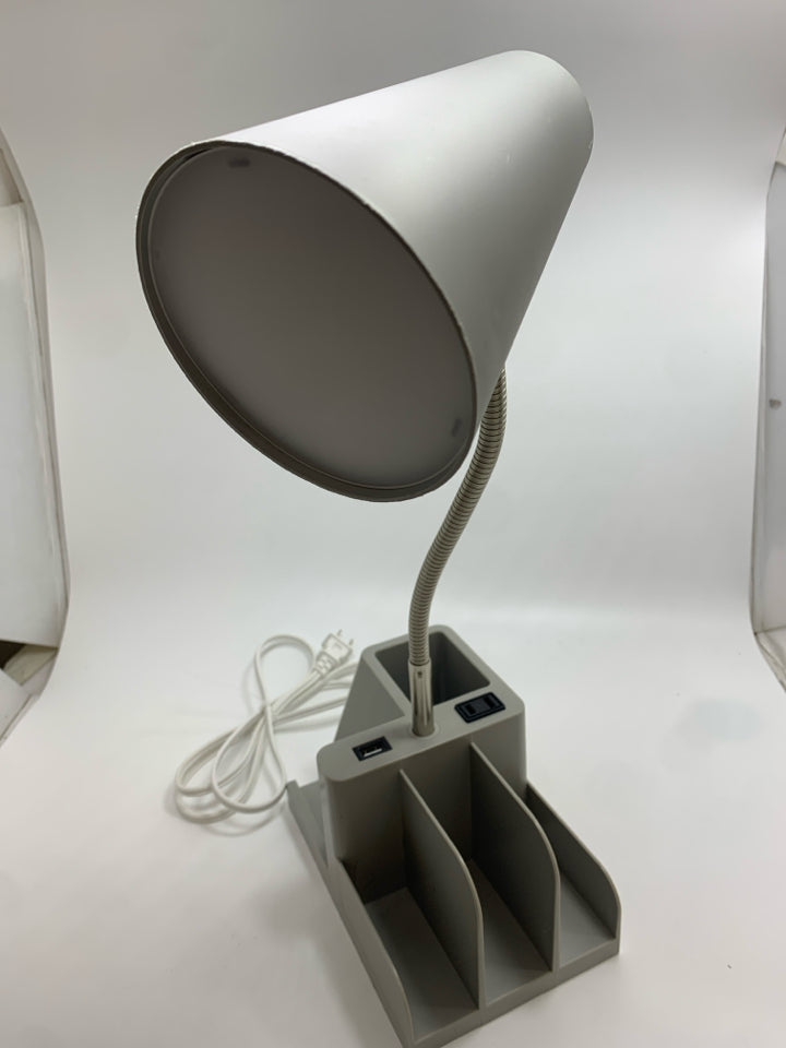 GRAY DESK LAMP W/ORGANIZER & CHARGING PORT.