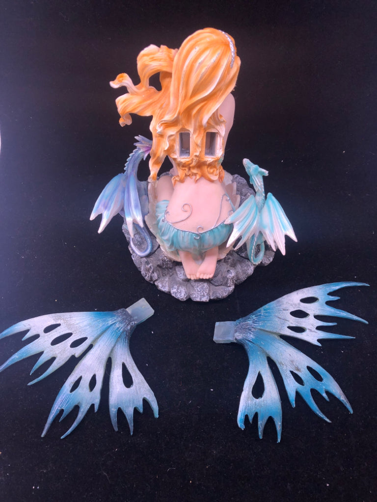 RESIN RED HAIRED FAIRY W/ REMOVABLE BLUE WINGS BABY DRAGONS FIGURE.