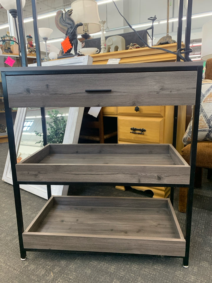 RUSTIC GREY, BLACK METAL BAKERS RACK- PLUG/USB OUTLETS.
