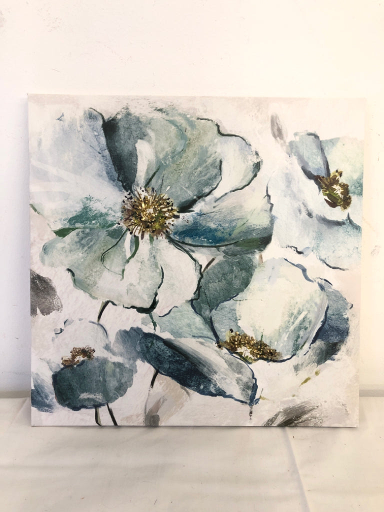 SMALL CANVAS W/ BLUE/GREEN FLOWERS SPARKLE EMBOSSED CENTER.