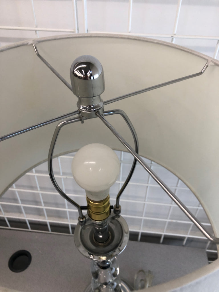 STACKED GLASS BALL LAMP W/BARREL SHADE.