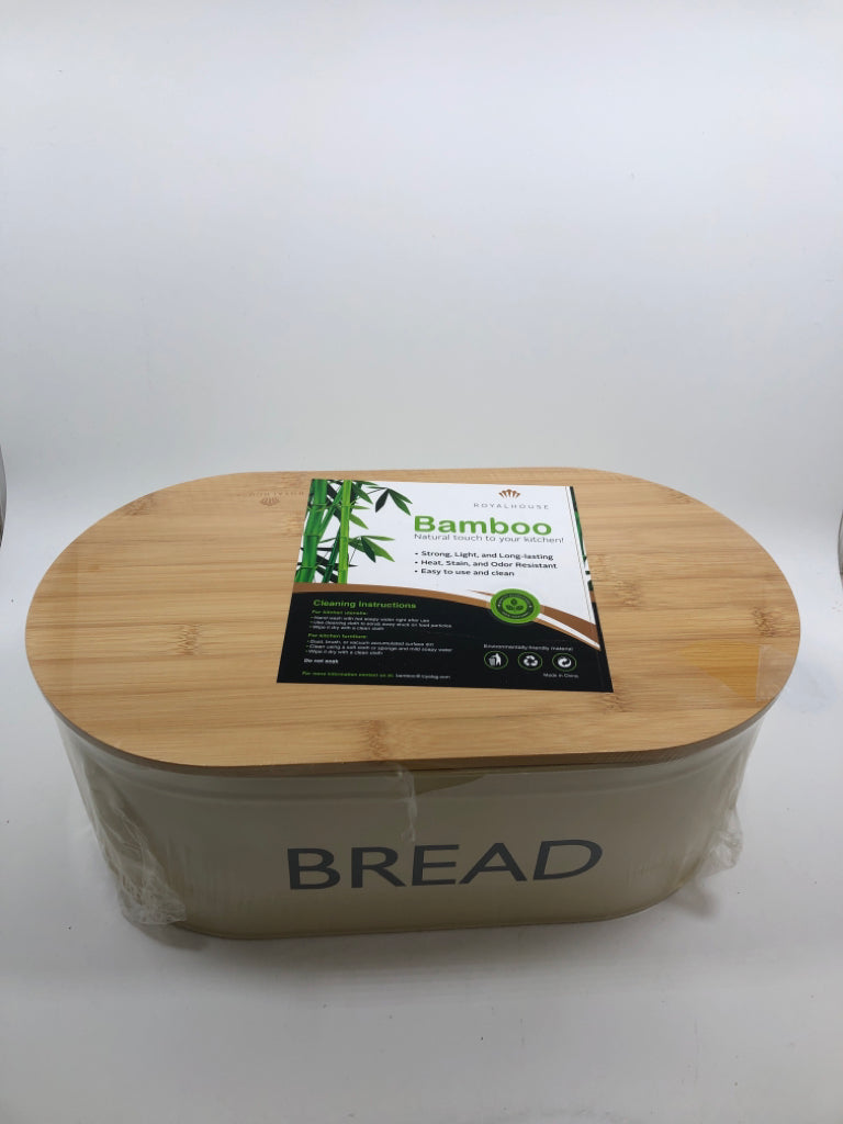 NIP BAMBOO TOP TAN TIN BREAD BOX.