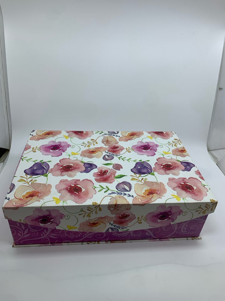 PINK/PURPLE FLOWER DECORATIVE CARDBOARD BOX.