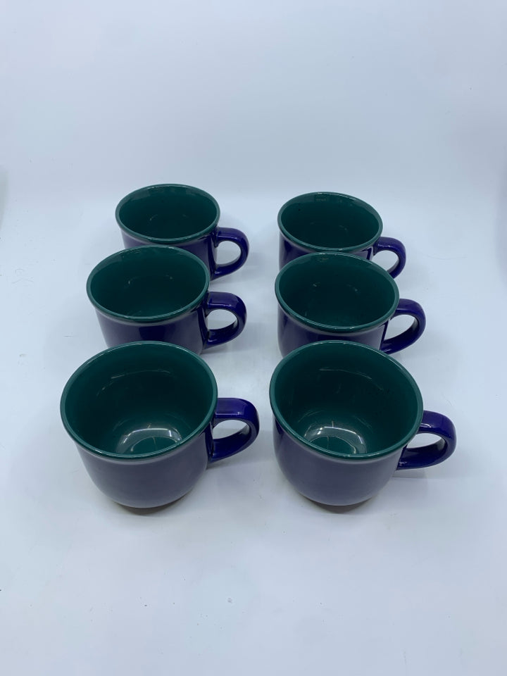 6 BLUE MUGS W GREEN INSIDE.