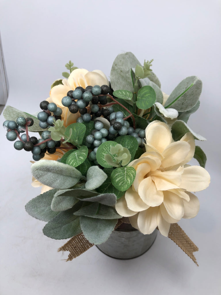 FAUX CREAM AND GREEN BOUQUET IN TIN BUCKET.
