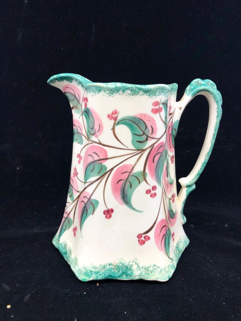 GREEN SPONGED PINK AND GREEN LEAF PITCHER.