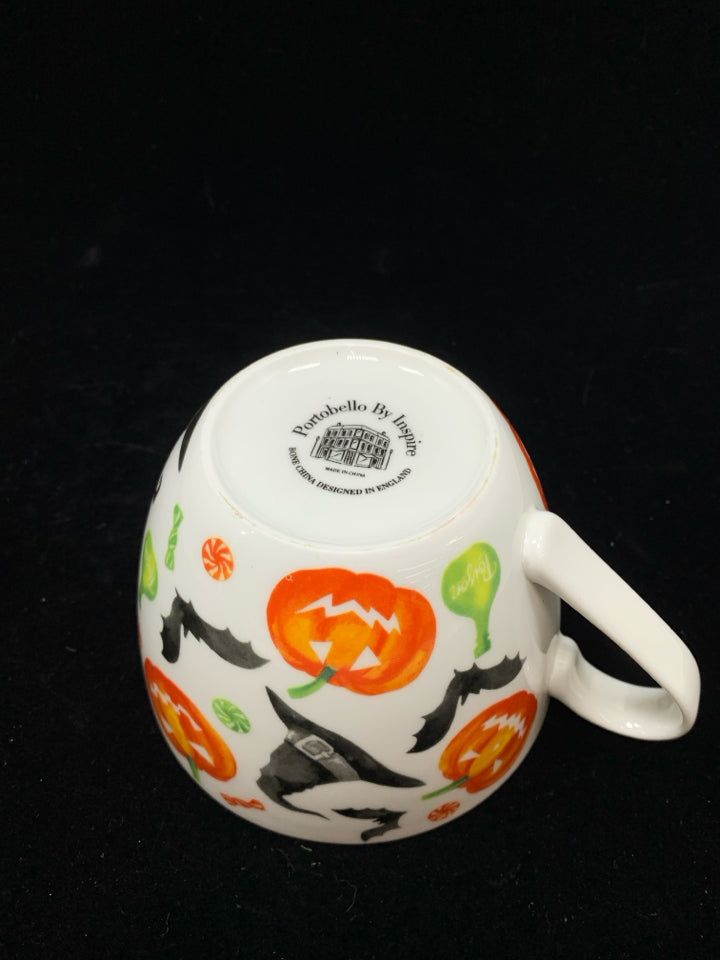 HALLOWEEN MUG W/WITCH, BAT AND JACK-O-LANTERN.