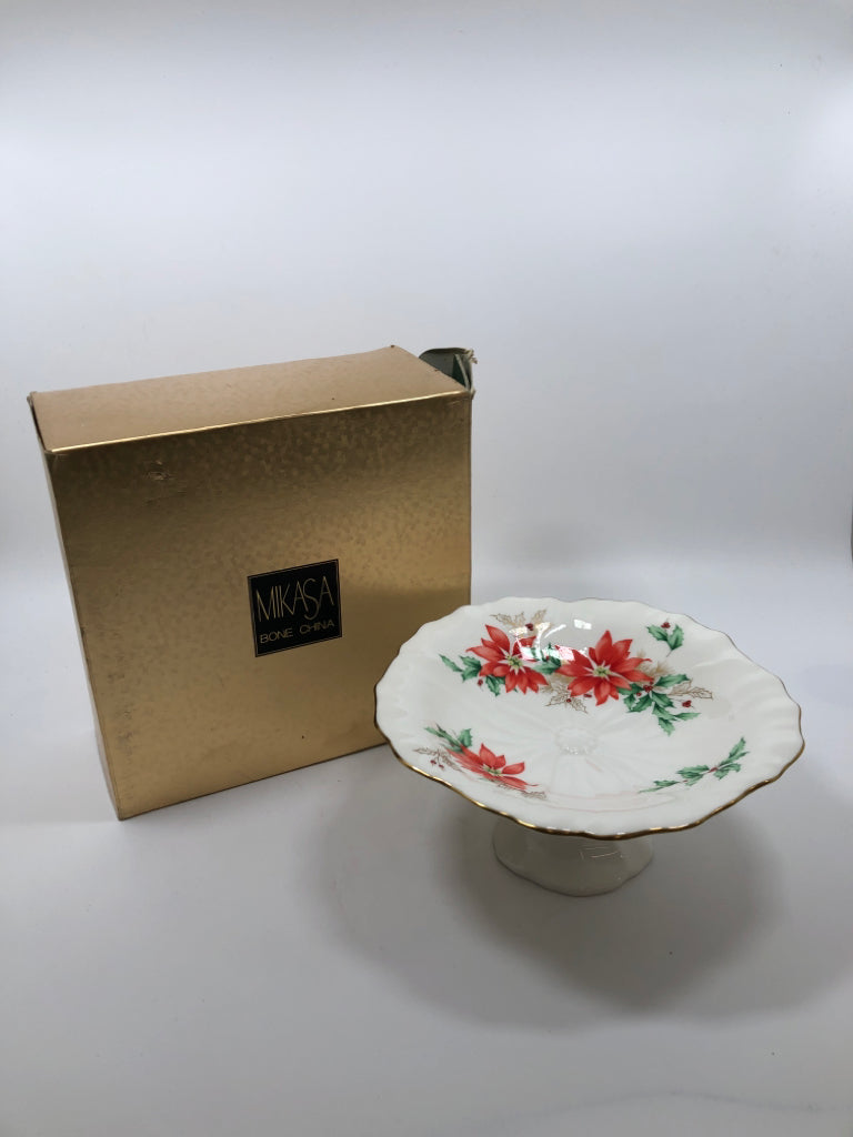 MIKASA POINSETTIA PEDESTAL CANDY DISH IN BOX.