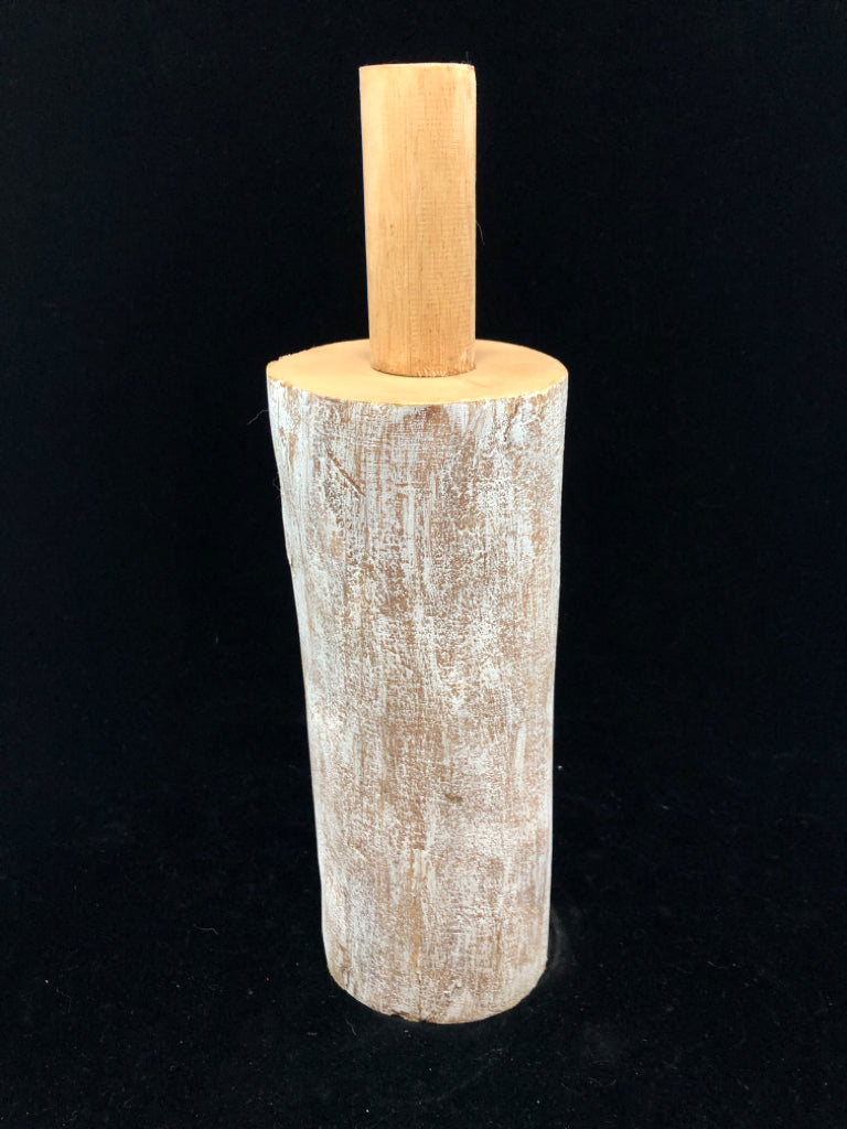 WHITE WASHED CARVED CYLINDER WOOD PUMPKIN.