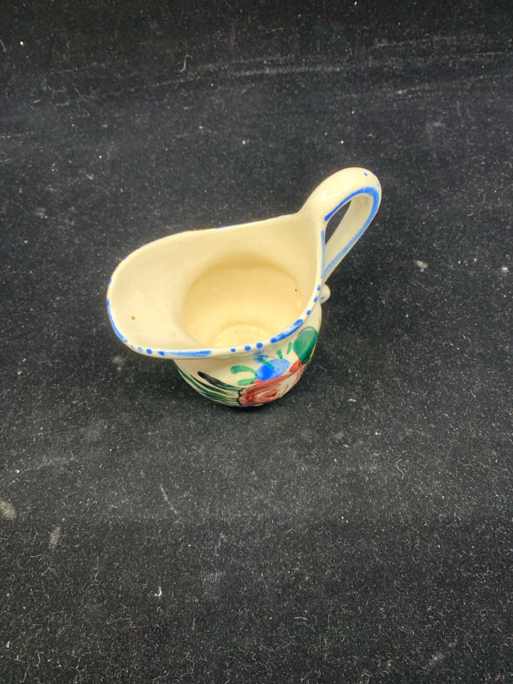 SMALL VTG PITCHER CREAMER-BLUE W/ RED ROSE.