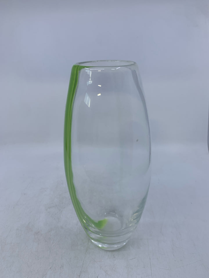CLEAR HEAVY BOTTOM VASE W/ GREEN & WHITE STRIPE.