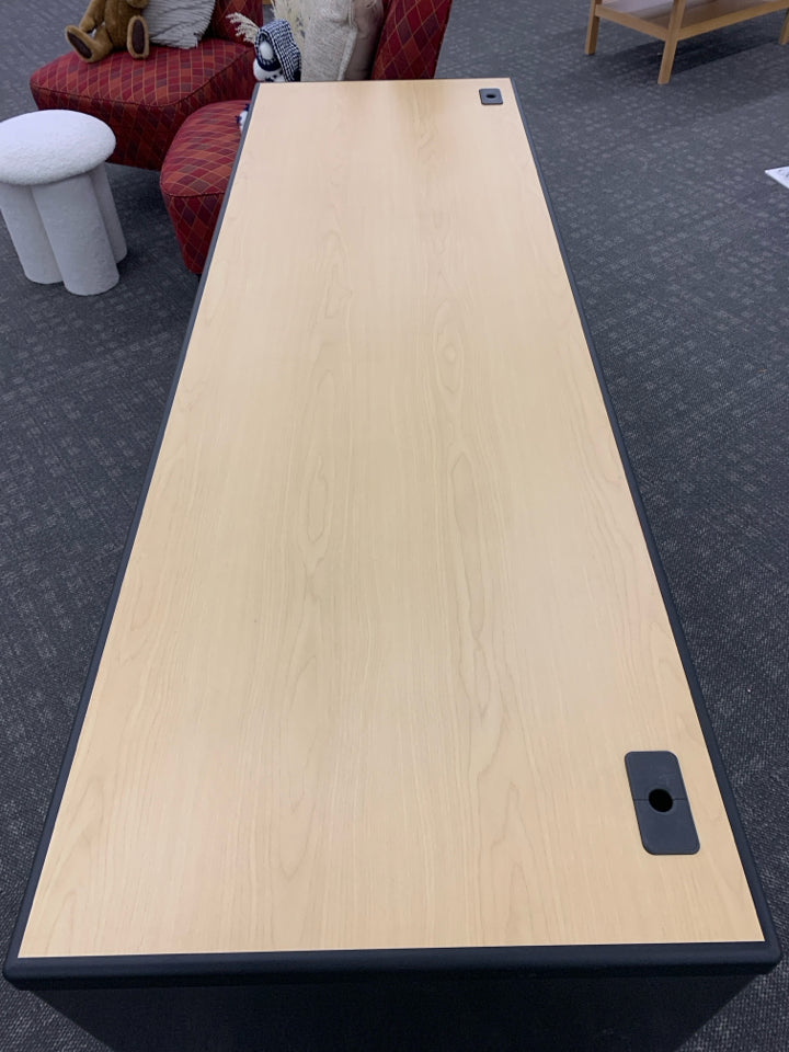 BLACK DESK W/ 2 FILING DRAWERS & WOODEN TOP.