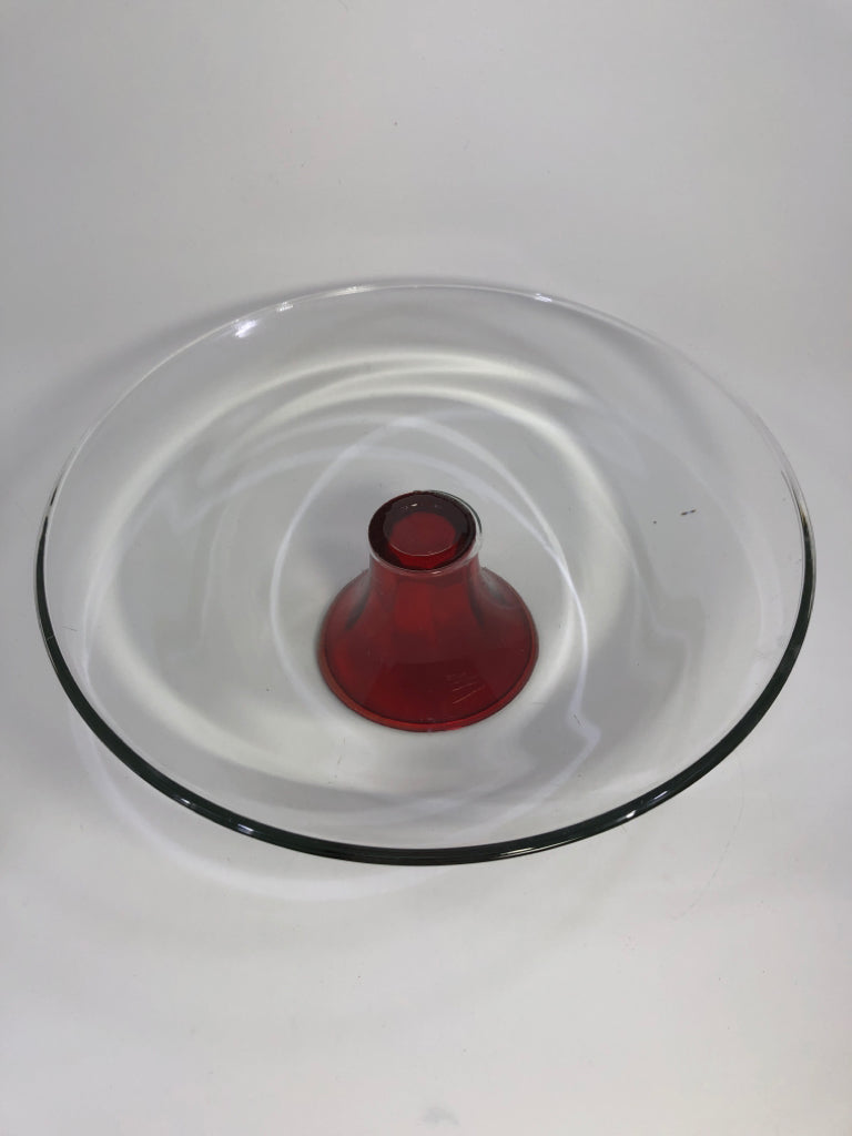 CLEAR GLASS CAKE STAND WR/RED GLASS BASE.