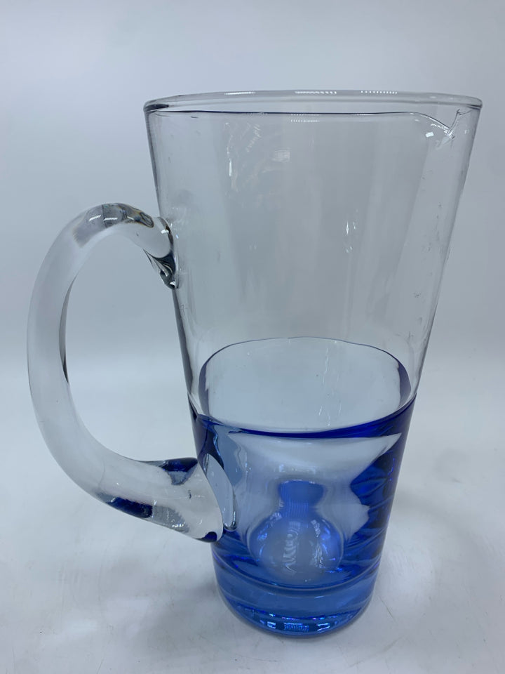 BLOWN GLASS PITCHER W/BLUE DIPPED BOTTOM.