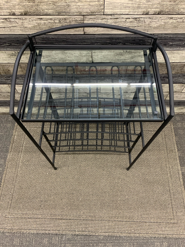 METAL WINE BOTTLE & GLASS RACK W/GLASS TOP.