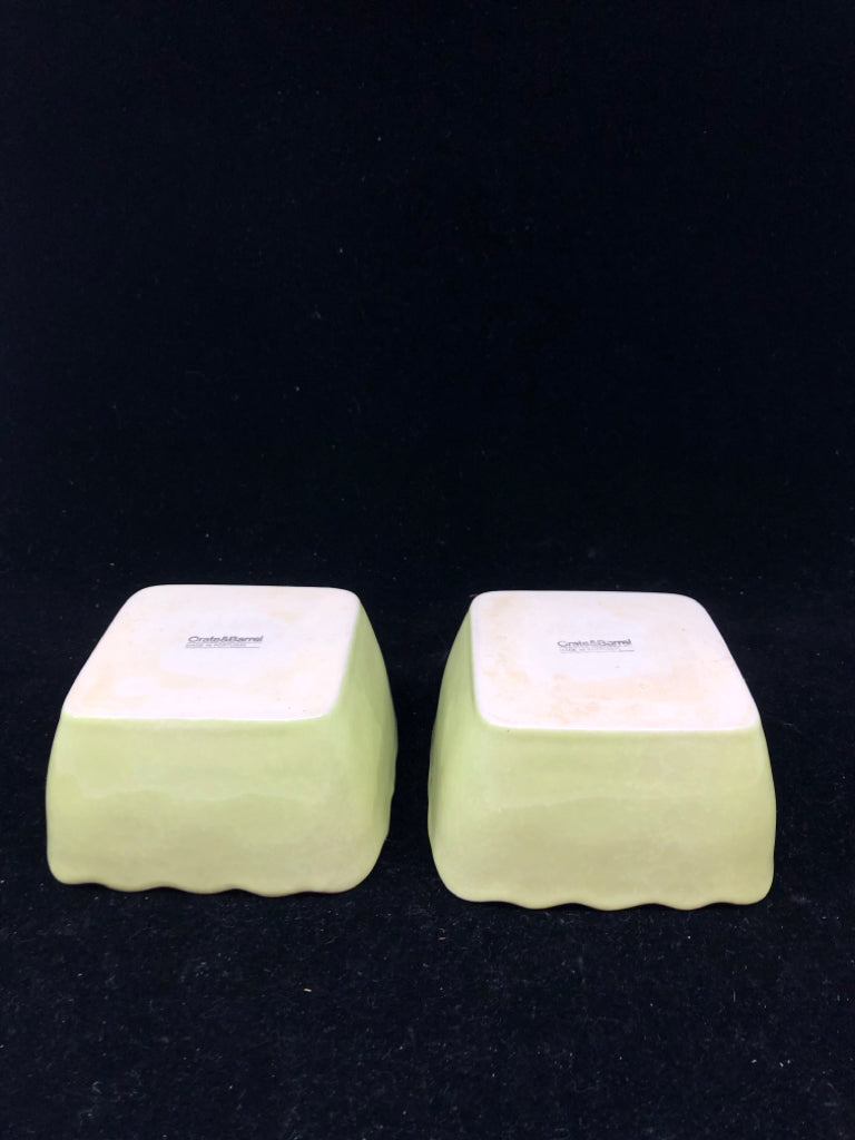 2 LIGHT GREEN SQUARE BOWLS W/ SCALLOP EDGE CRATE&BARREL.
