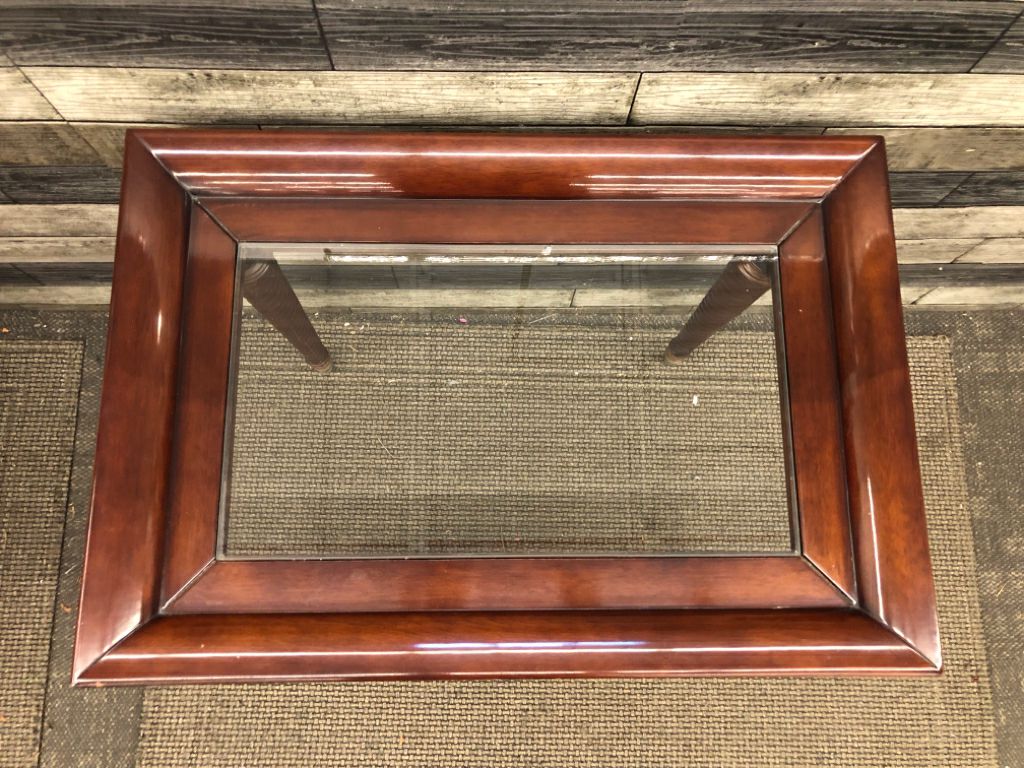 DRK WOOD SIDE TABLE W/GLASS TOP/SPIRAL LEGS.
