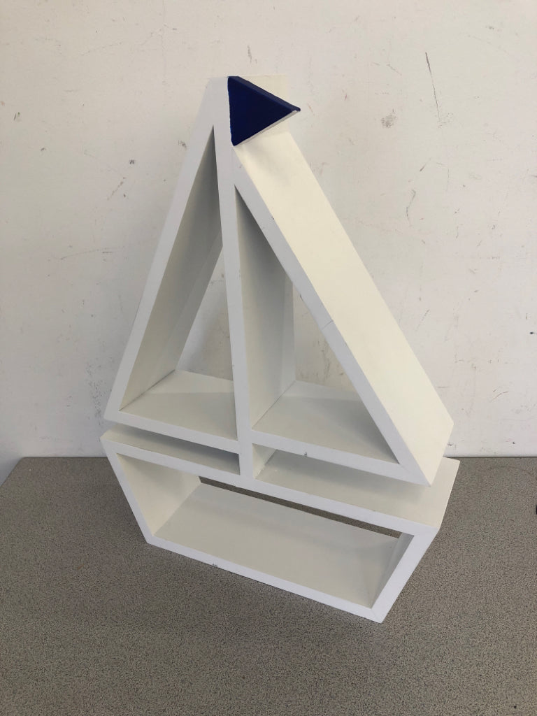 WHITE SAILBOAT SHELF W BLUE FLAG.