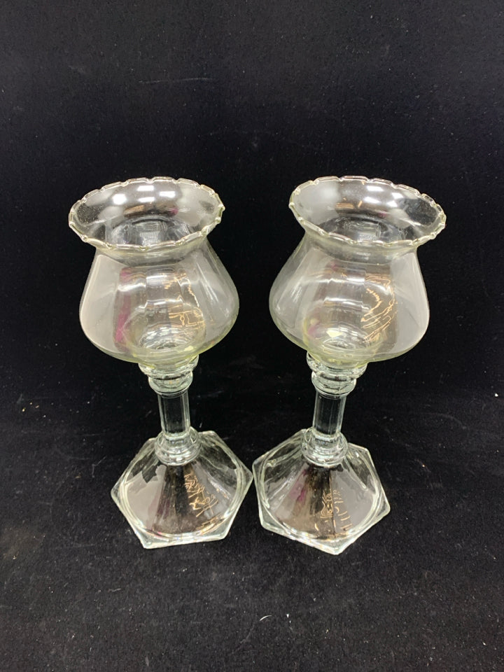 2 HURRICANE GLASS CANDLE HOLDERS W/RUFFLE TOP.