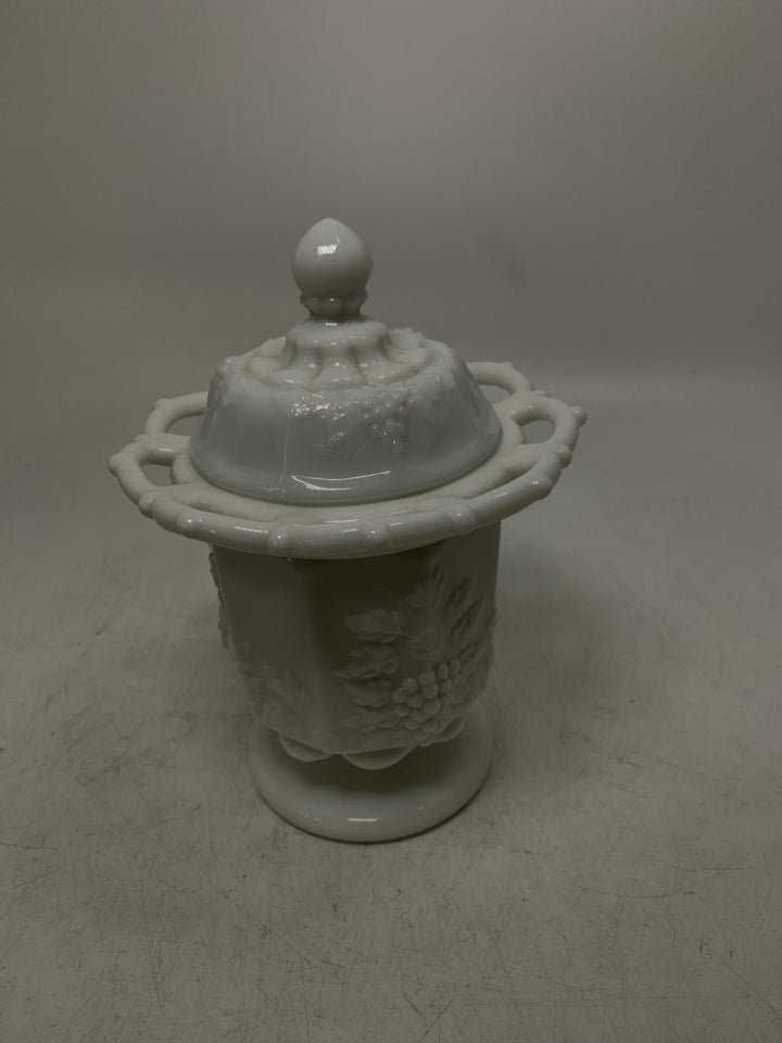 FOOTED EMBOSSED GRAPES MILK GLASS COVERED JAR LACE EDGE.