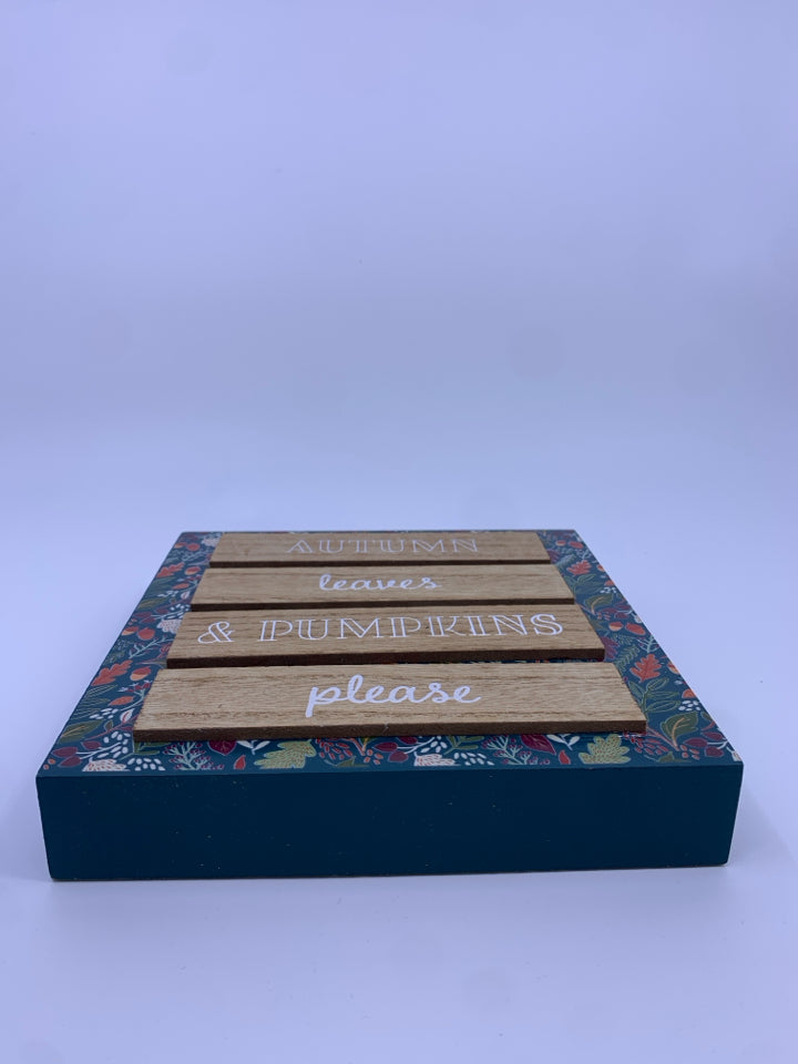TEAL AUTUMN LEAVES BLOCK SIGN.