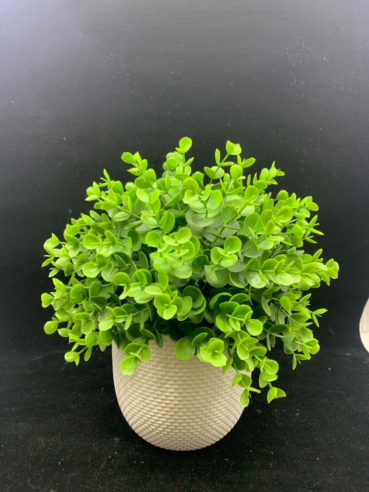 FAUX GREEN IN WHITE PLANTER.