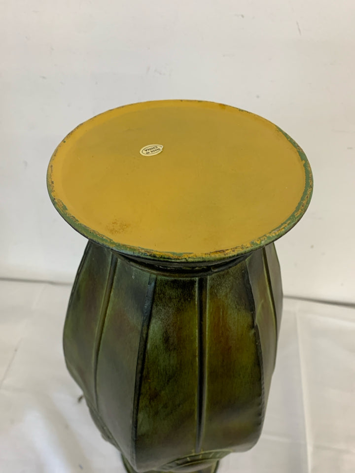 FOOTED GREEN AND BROWN TIN FLARED TOP VASE W HANDLES.